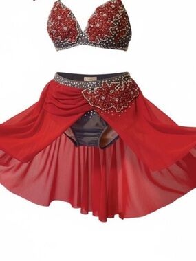 Glamour solo 2 piece dance costume red gray lyrical embellished bling XSA adult